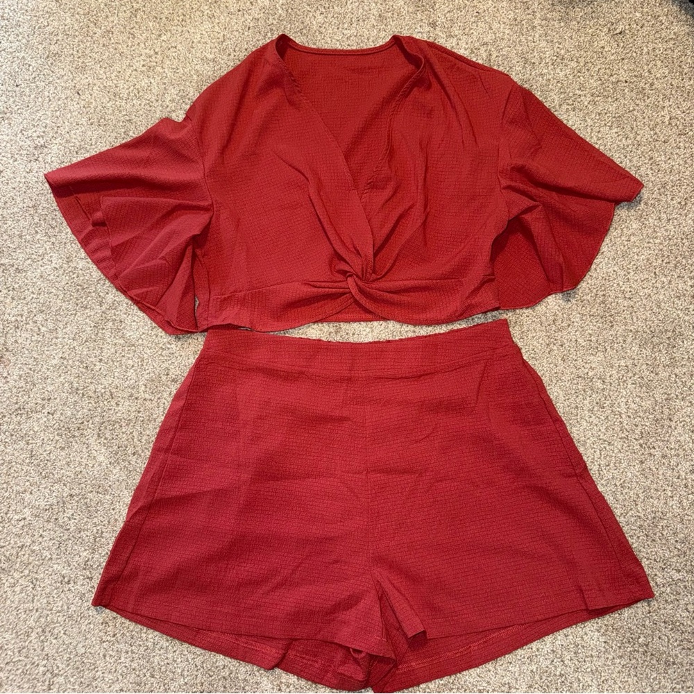 Rust Two-Piece Knot Front Top and High-Waist Shorts Set